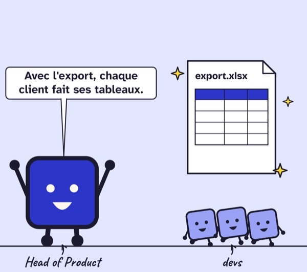Case de BD. Le Head of Product, ravi : « Avec l’export, chaque client fait ses tableaux. » Un fichier export.xlsx brille, les devs sautent de joie.
