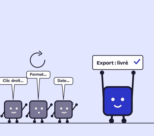 Case de BD. Trois clients s’épuisent : « Clic droit… », « Format… », « Date… ». Le Head of Product brandit une pancarte : « Export : livré ».