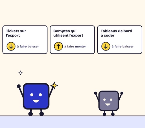 Case de BD. Tickets sur l’export, à faire baisser ; comptes qui utilisent l’export, à faire monter ; tableaux de bord à coder, à faire baisser.