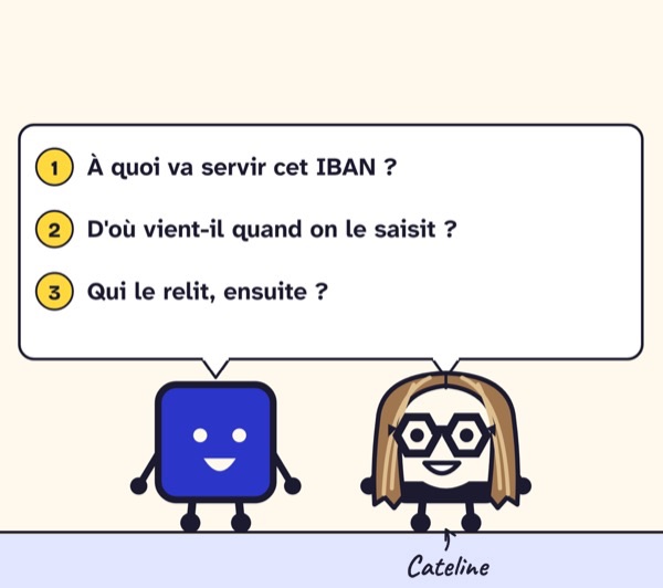 Case de BD. Entre le Head of Product et Cateline : 1. À quoi va servir cet IBAN ? 2. D’où vient-il quand on le saisit ? 3. Qui le relit, ensuite ?