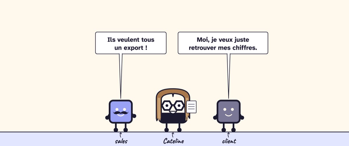 Case de BD. Les sales : « Ils veulent tous un export ! » Le client : « Moi, je veux juste retrouver mes chiffres. » Cateline note entre les deux.