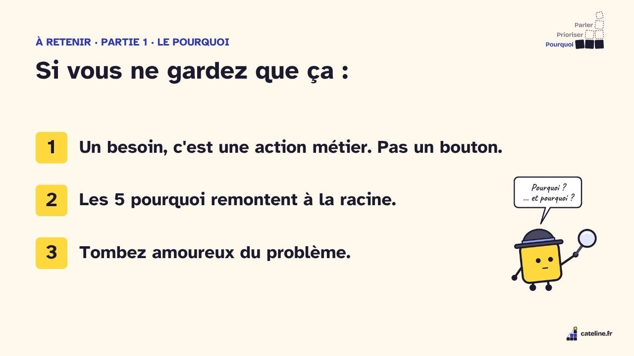 Slide 21&nbsp;: Ce qu’il faut garder de la partie 1. Son texte suit.