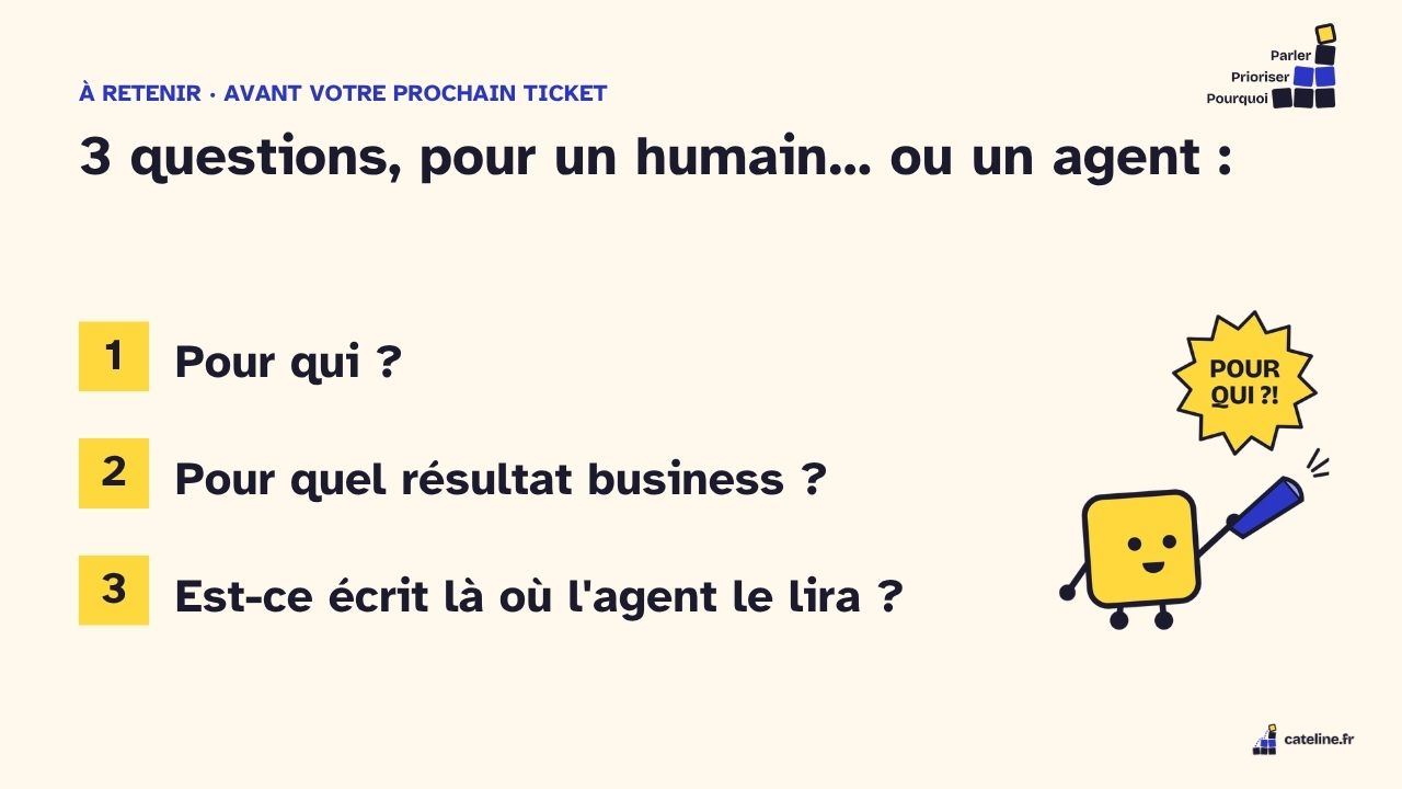 Slide 35&nbsp;: Trois questions avant votre prochain ticket. Son texte suit.